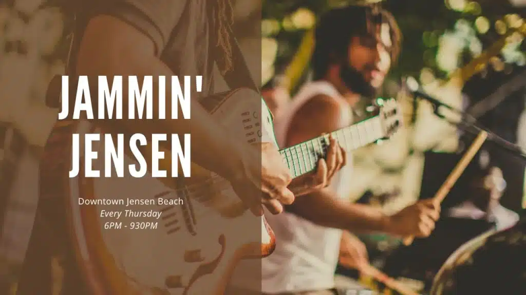 Jammin Jensen Beach Jammin' Jensen event in Jensen Beach, Florida featuring live music, food vendors, and local artists selling their handmade goods. Every Thursday from 6pm-930pm.